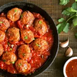 Sabrosas albóndigas en salsa roja, servidas en una sartén de hierro fundido, con perejil fresco y especias al lado.