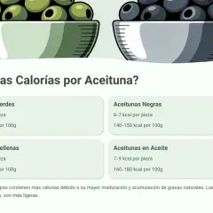 ¿Cuántas calorías tienen las olivas? Las aceitunas negras tienen más calorías (140-150 kcal/100g) que las verdes (115-120 kcal/100g).