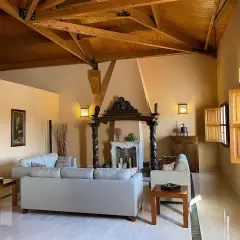 Salón acogedor en finca Los Aljibes, con chimenea rústica, sofás cómodos y vigas de madera en el techo.