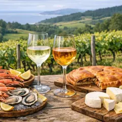 Dos copas de vino blanco, una con un tono más dorado, acompañan mariscos, tarta y quesos en un viñedo. ¿El albariño es dulce o seco?
