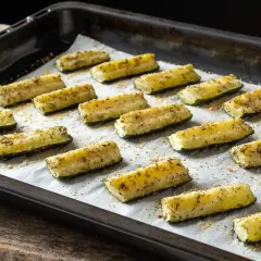 Bastones de calabacín al horno, dorados y crujientes, listos para disfrutar.