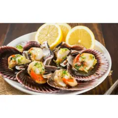 Zamburiñas a la plancha servidas en sus conchas, adornadas con perejil picado y rodajas de limón. Un plato delicioso y fresco.