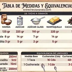 Tabla de medidas: 1 cucharada de aceite son 14 gr. Chef Hector Prats muestra equivalencias de tazas a gramos y líquidos.