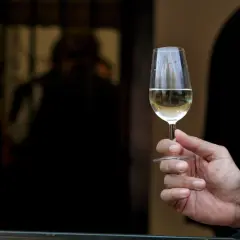 Mano sostiene copa de vino fino y manzanilla, con reflejos en el cristal.