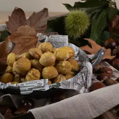 Castañas asadas en freidora de aire, doradas y apetitosas, rodeadas de hojas secas y castañas crudas.