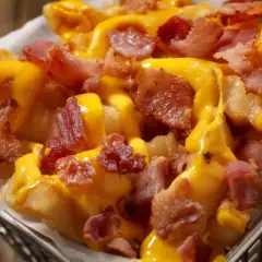 Patatas fritas crujientes cubiertas con queso fundido y trozos de bacon ahumado. ¡Un placer irresistible!