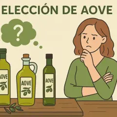 Mujer pensativa ante tres botellas de AOVE. ¿Cómo está el aceite de oliva virgen extra?