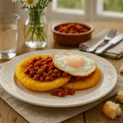 Dos tortos asturianos con chorizo y huevo frito, acompañados de pan y agua.