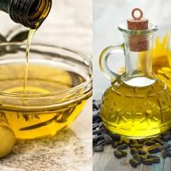 Aceite de oliva vertiéndose en un bol y aceite de girasol en una botella con girasoles. El mejor aceite de oliva para cocinar es un tesoro culinario.