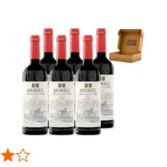 Seis botellas de vino tinto de Bodegas Muriel, Fincas de la Villa, Crianza Rioja, con sus características etiquetas y un pequeño detalle de "Cosecha Privada" en una caja abierta.