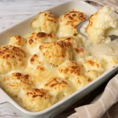 Coliflor gratinada con bechamel cremosa, lista para servir. Un plato reconfortante y delicioso.