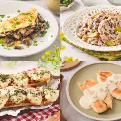 Tortilla de champiñones, ensalada de atún, pan con queso y pollo en salsa. ¡Ideas deliciosas para tus recetas para cenar!
