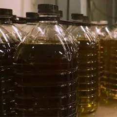 Botellas de plástico con aceite de oliva oscuro y claro. Podría ser aceite lampante, un aceite de baja calidad para lámparas.