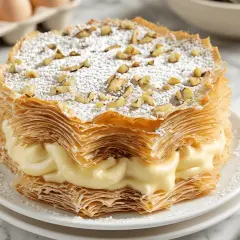 Deliciosa tarta árabe con capas crujientes de hojaldre, rellena de crema pastelera y espolvoreada con azúcar glas y nueces.