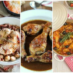 Tres platos de pollo en salsa: uno con champiñones y tocino, otro con muslos dorados y uno más con aceitunas y pimientos.