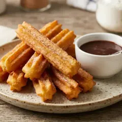 Deliciosos churros sin gluten espolvoreados con azúcar, servidos con una taza de chocolate caliente.