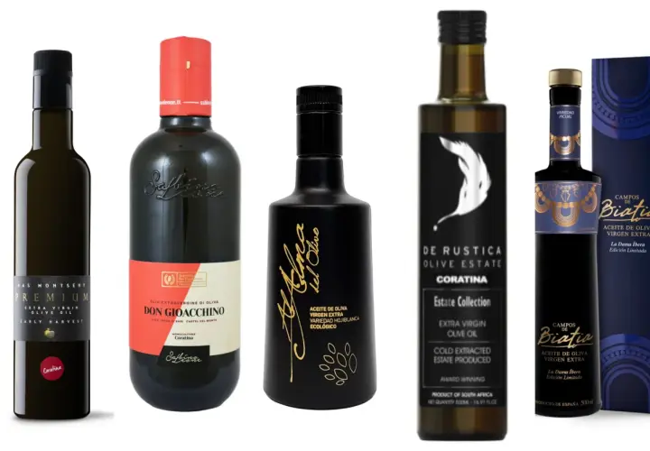 Varias botellas de aceite de oliva virgen extra, incluyendo aceitunas para aceite de Coratina, con etiquetas elegantes y distintivas.