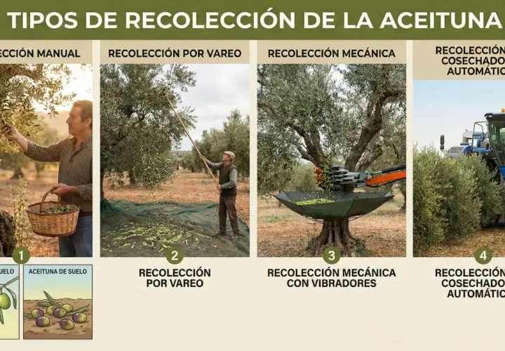 Cuatro métodos de recogida de la oliva: manual, por vareo, mecánica con vibradores y con cosechadoras automáticas.