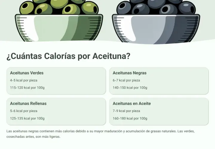 ¿Cuántas calorías tienen las olivas? Las aceitunas negras tienen más calorías (140-150 kcal/100g) que las verdes (115-120 kcal/100g).