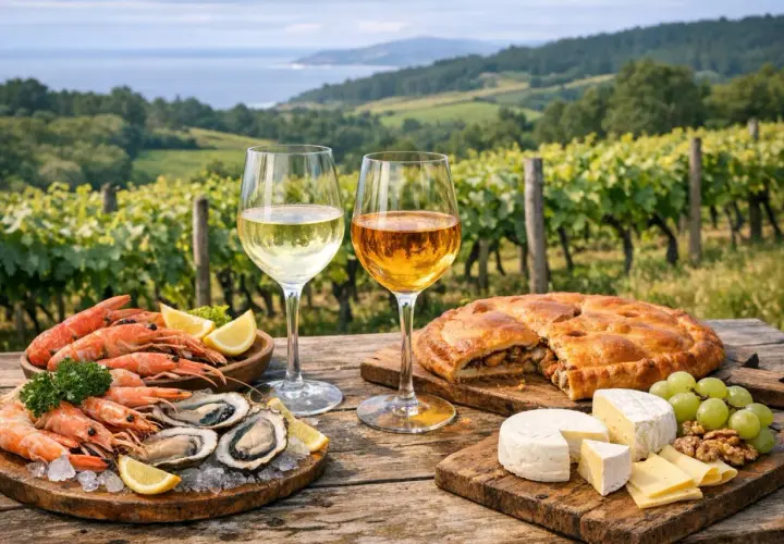Dos copas de vino blanco, una con un tono más dorado, acompañan mariscos, tarta y quesos en un viñedo. ¿El albariño es dulce o seco?