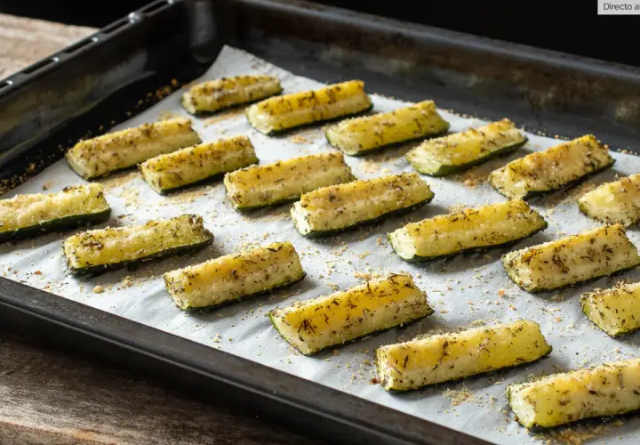 Bastones de calabacín al horno, dorados y crujientes, listos para disfrutar.