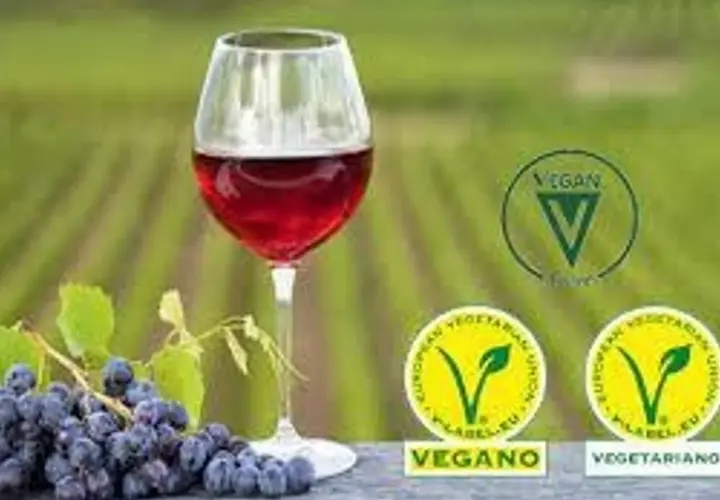 Copa de vino tinto junto a uvas. Sellos vegano y vegetariano indican porque el vino no es vegano.