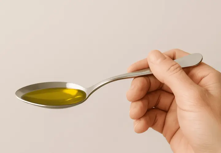 Mano sujetando una cuchara con aceite de oliva. ¿Cuánto aceite de oliva al día es saludable?