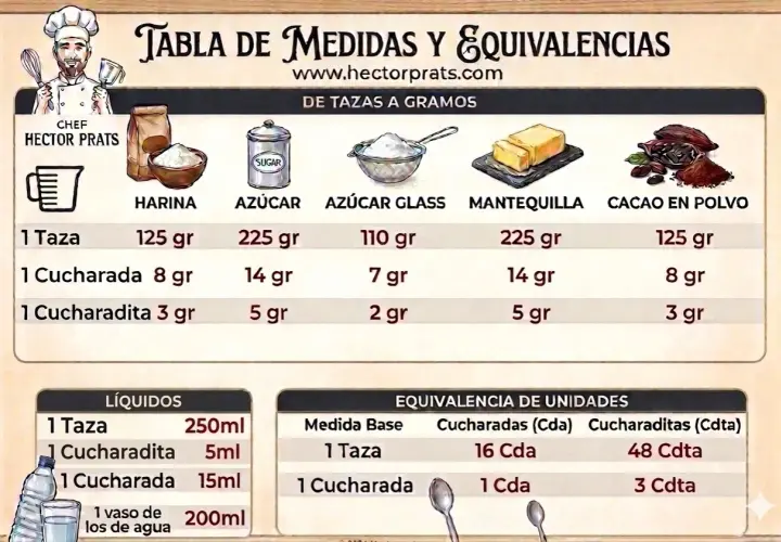 Tabla de medidas: 1 cucharada de aceite son 14 gr. Chef Hector Prats muestra equivalencias de tazas a gramos y líquidos.