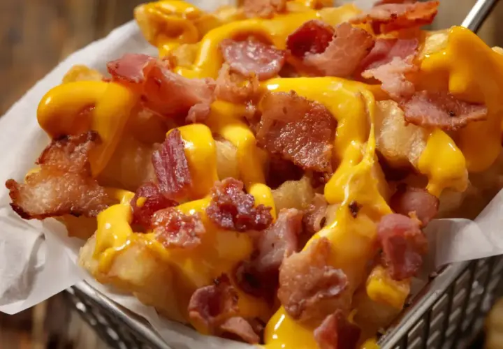 Patatas fritas crujientes cubiertas con queso fundido y trozos de bacon ahumado. ¡Un placer irresistible!
