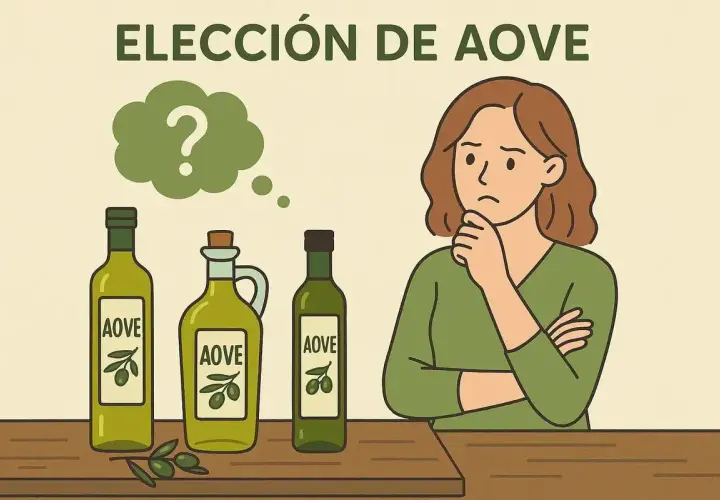 Mujer pensativa ante tres botellas de AOVE. ¿Cómo está el aceite de oliva virgen extra?