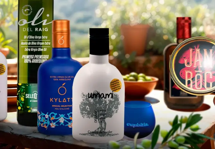 Varias botellas de aceite de oliva virgen extra, incluyendo "Umami" y "Elistia", destacando el mejor aceite del Matarraña.