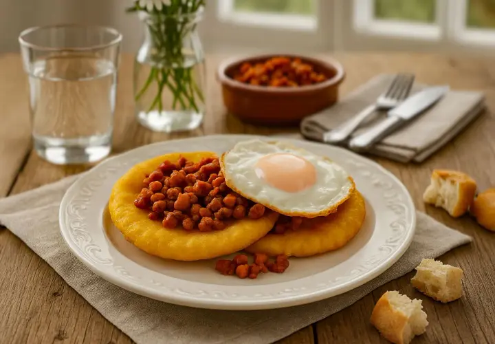 Dos tortos asturianos con chorizo y huevo frito, acompañados de pan y agua.