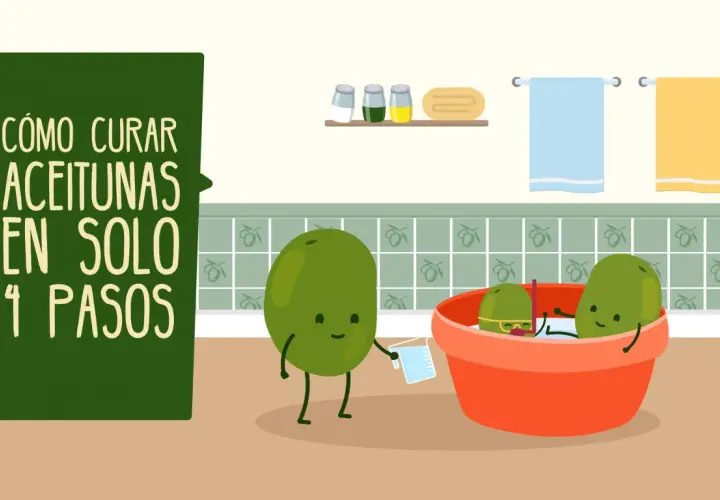 Ilustración de cómo curar aceitunas verdes en 4 pasos. Unas aceitunas animadas preparan su baño.