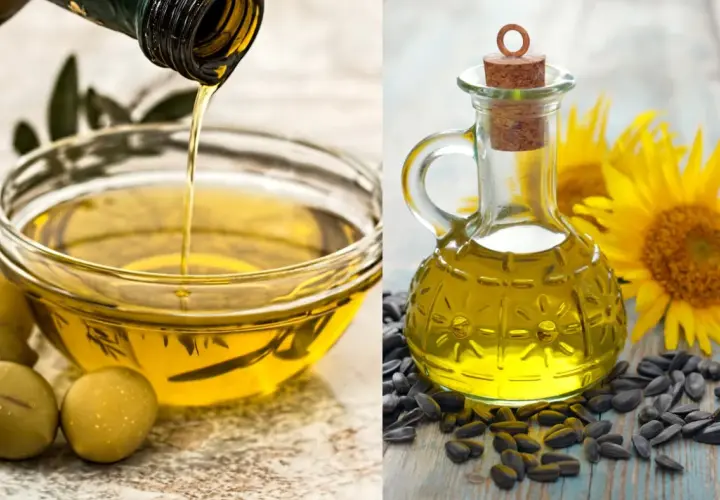 Aceite de oliva vertiéndose en un bol y aceite de girasol en una botella con girasoles. El mejor aceite de oliva para cocinar es un tesoro culinario.