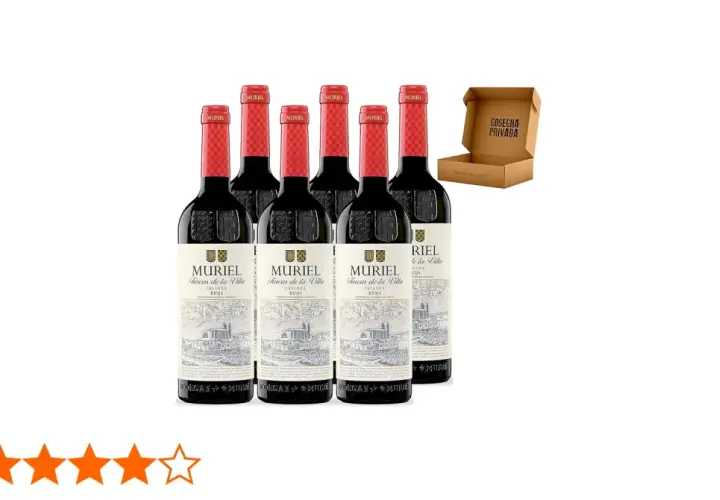 Seis botellas de vino tinto de Bodegas Muriel, Fincas de la Villa, Crianza Rioja, con sus características etiquetas y un pequeño detalle de "Cosecha Privada" en una caja abierta.