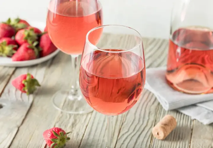 Dos copas de vino rosado y fresas frescas, un vistazo a como se hace el vino rosado.