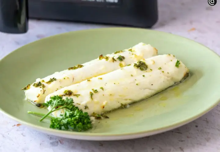 Dos filetes de merluza jugosa, recién hechos en airfryer, con hierbas frescas y aceite de oliva.