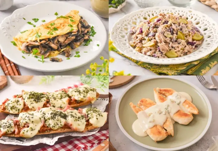 Tortilla de champiñones, ensalada de atún, pan con queso y pollo en salsa. ¡Ideas deliciosas para tus recetas para cenar!