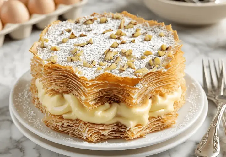 Deliciosa tarta árabe con capas crujientes de hojaldre, rellena de crema pastelera y espolvoreada con azúcar glas y nueces.