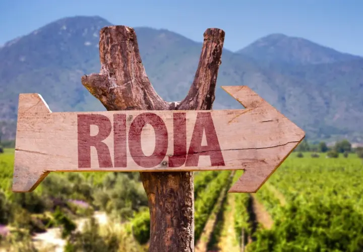 Flecha de madera rústica con la palabra "RIOJA" en rojo, apuntando hacia un paisaje de viñedos y montañas.