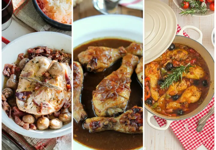 Tres platos de pollo en salsa: uno con champiñones y tocino, otro con muslos dorados y uno más con aceitunas y pimientos.