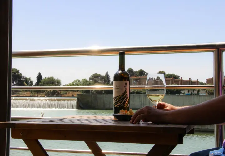 Una botella y copa de vino blanco sobre una mesa de madera, con una cascada al fondo. ¿Será este el mejor vino para disfrutar del paisaje?