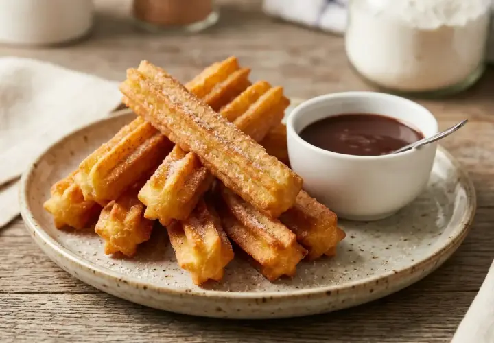 Deliciosos churros sin gluten espolvoreados con azúcar, servidos con una taza de chocolate caliente.