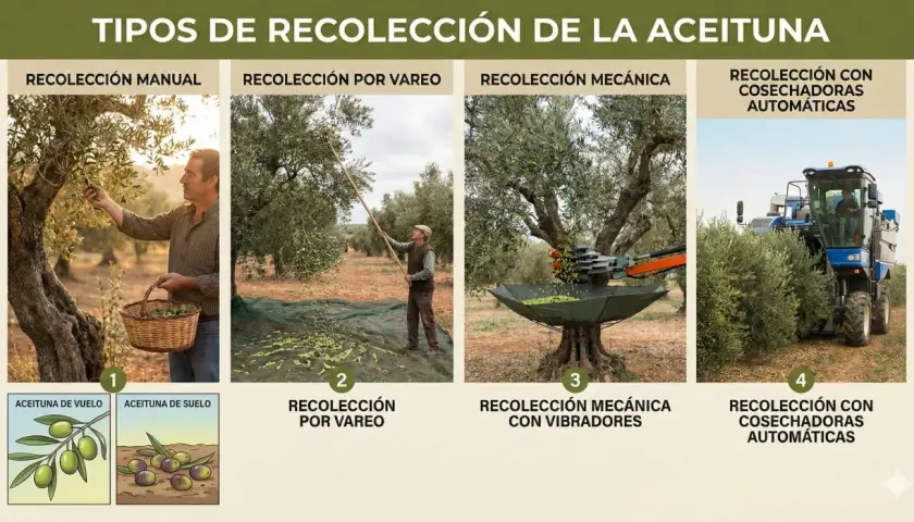 Cuatro métodos de recogida de la oliva: manual, por vareo, mecánica con vibradores y con cosechadoras automáticas.