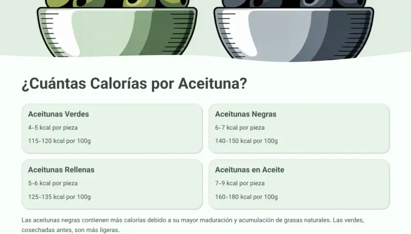 ¿Cuántas calorías tienen las olivas? Las aceitunas negras tienen más calorías (140-150 kcal/100g) que las verdes (115-120 kcal/100g).