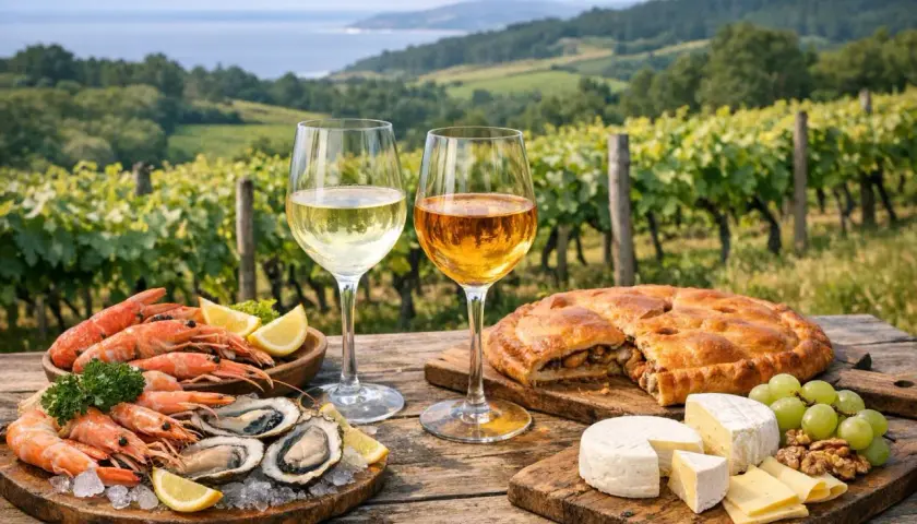 Dos copas de vino blanco, una con un tono más dorado, acompañan mariscos, tarta y quesos en un viñedo. ¿El albariño es dulce o seco?