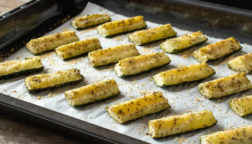 Bastones de calabacín al horno, dorados y crujientes, listos para disfrutar.