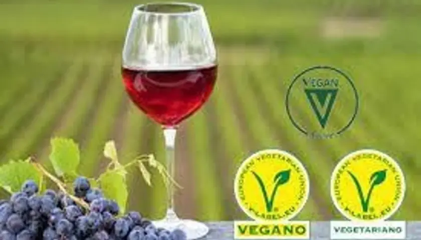 Copa de vino tinto junto a uvas. Sellos vegano y vegetariano indican porque el vino no es vegano.