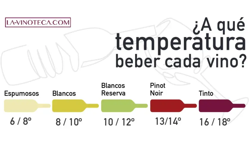 Guía de temperatura ideal para cada vino: espumosos (6-8°), blancos (8-10°), reserva (10-12°), Pinot Noir (13-14°) y tinto (16-18°).
