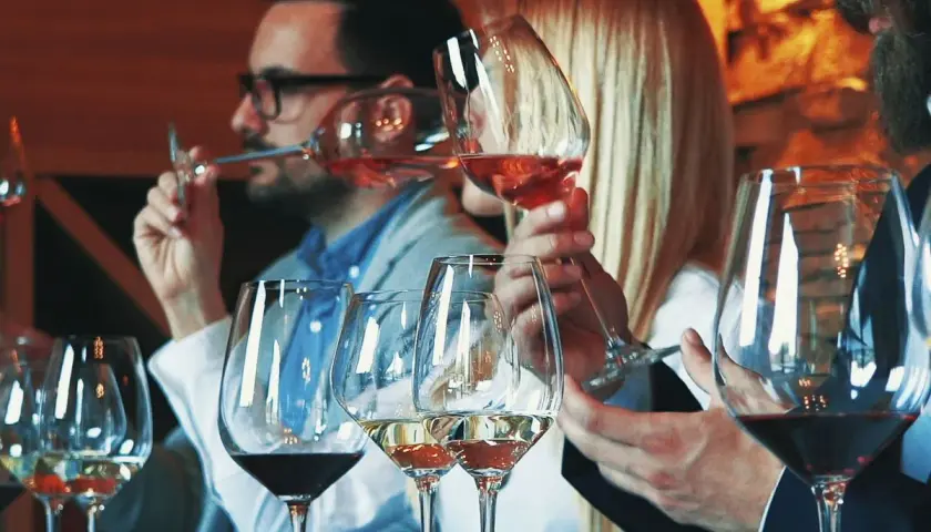 Degustación de vinos. Personas disfrutan de copas de vino tinto y rosado, aprendiendo qué es un vino generoso.